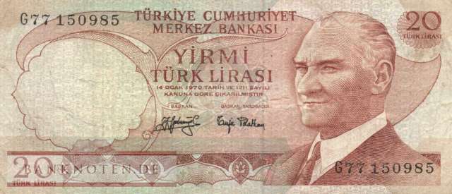 Turkey - 20  Lira (#187a-U2_F)