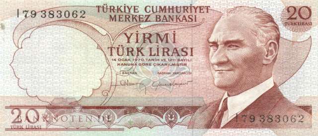Turkey - 20  Lira (#187b_VF)