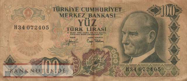 Turkey - 100  Lira (#189b-1_VG)