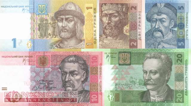 Ukraine: 1 - 20 Hryven (5 Banknoten)