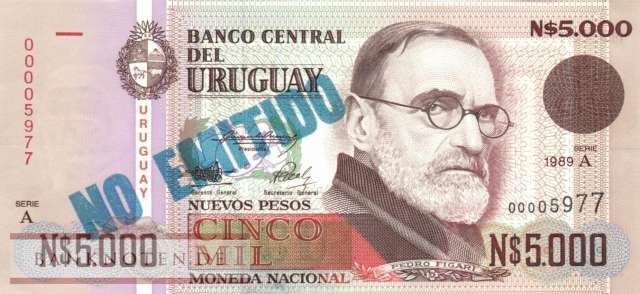 Uruguay - 5.000  Nuevos Pesos - blue overprint (#068A-2_UNC)