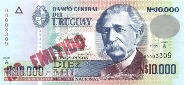 Uruguay - 10.000  Nuevos Pesos - roter Überdruck (#068B-1_UNC)