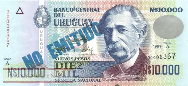 Uruguay - 10.000  Nuevos Pesos - blauer Überdruck (#068B-2_UNC)