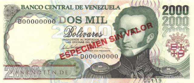Venezuela - 2.000  Bolivares - SPECIMEN (#077cS_UNC)