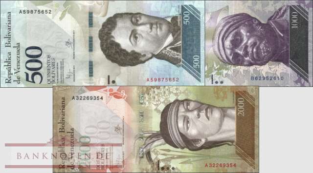 Venezuela: 500 - 2.000 Bolivares (3 Banknoten)