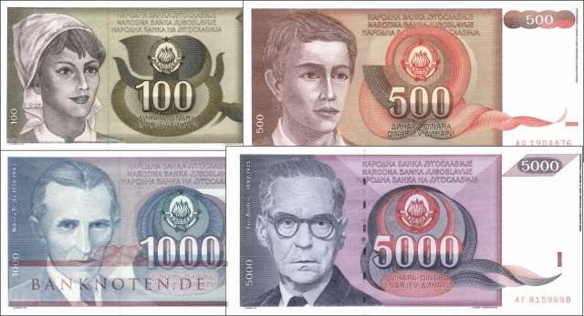 Yugoslavia: 100 - 5.000 Dinara (4 banknotes)