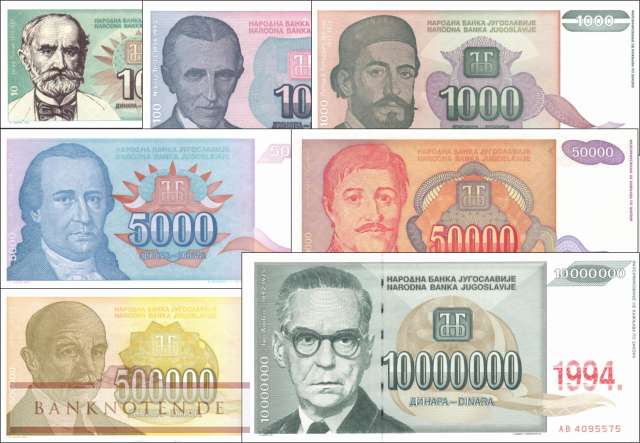 Jugoslawien: 10 - 10 Millionen Dinara (7 Banknoten)