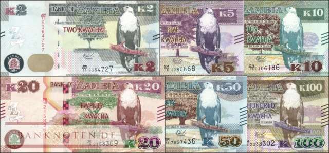 Zambia: 2 - 100 Kwacha (6 banknotes)