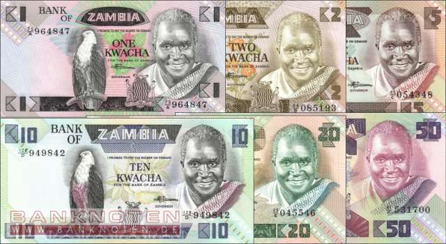 Zambia: 1 - 50 Kwacha (6 banknotes)