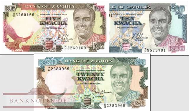Zambia: 5 - 20 Kwacha (3 banknotes)