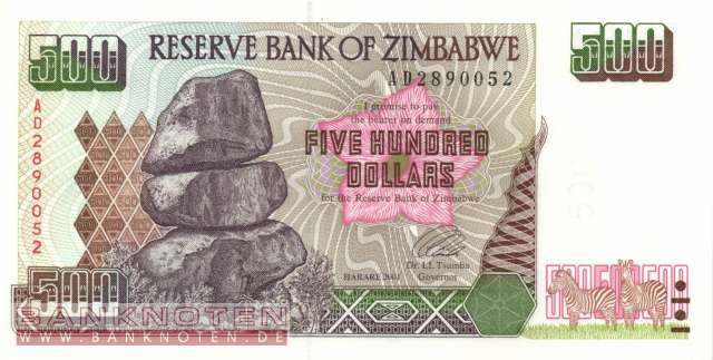 Zimbabwe - 500  Dollars (#011a_UNC)