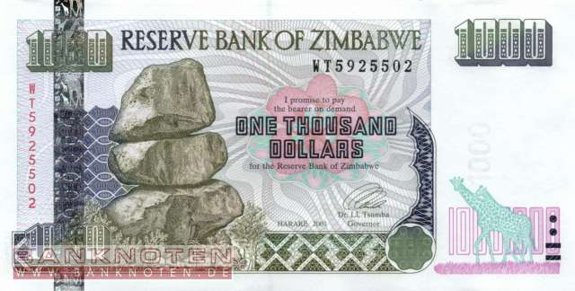 Zimbabwe - 1.000  Dollars (#012b_UNC)