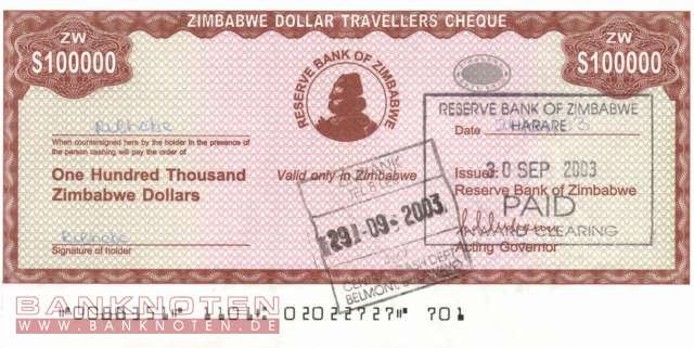 Zimbabwe - 100.000  Dollars (#020_UNC)