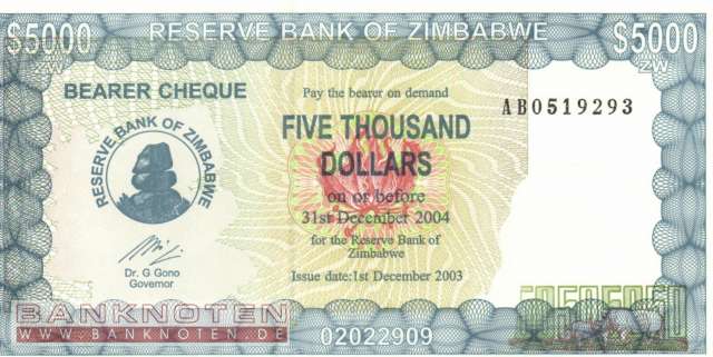 Zimbabwe - 5.000  Dollars (#021d_UNC)