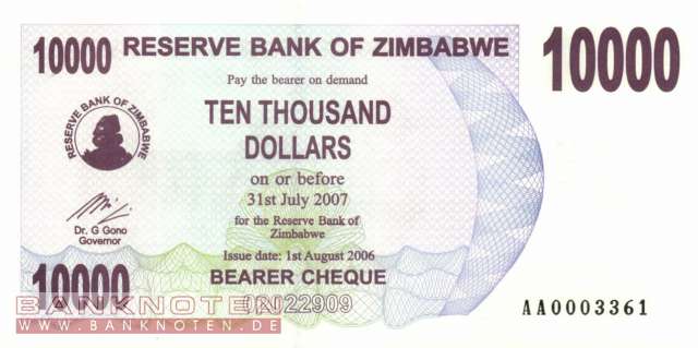 Zimbabwe - 10.000  Dollar - without space!!! (#046a_UNC)