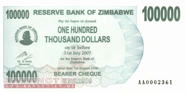 Zimbabwe - 100.000  Dollars - ohne Abstand!!! (#048a_UNC)