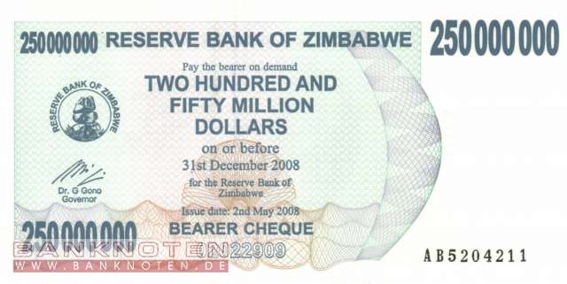 Zimbabwe - 250 Millionen Dollars (#059_UNC)