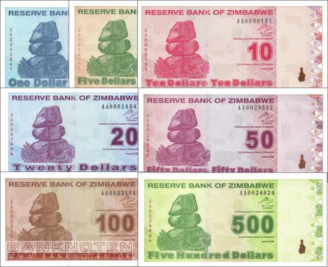 Zimbabwe: 1 - 500 Dollars (7 banknotes)