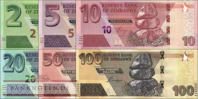 Zimbabwe: 2 - 100 Dollars  (6 Banknoten)
