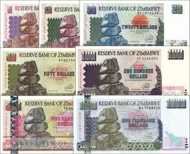Zimbabwe: 5 Dollars - 1.000 Dollars (7 Banknoten)