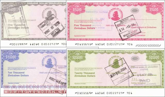 Zimbabwe: 1.000 - 20.000 Dollars Traveller Cheques (4 Banknoten)